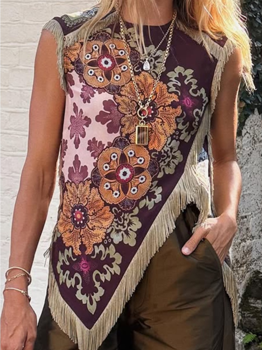GORGEOUS FRINGE VINTAGE BOHO PATTERN SHELL TOP